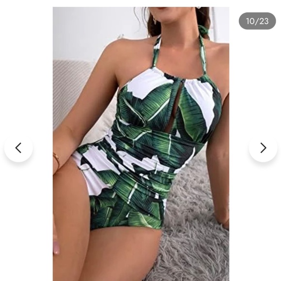 B2PRITY Tropical Palm Frond Leaf V-Neck Ruched‎ Halter 1pc Monokini medium  NWT - Picture 5 of 16